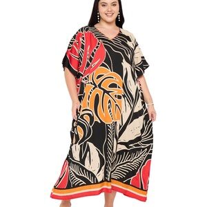 🧡 NWT~Bold Leaf Print Swim Cover-Up /Caftan Housedress ~ One Size Side splits